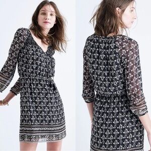 Madewell Woodland Smocked V-Neck Sheer Sleeve Dress